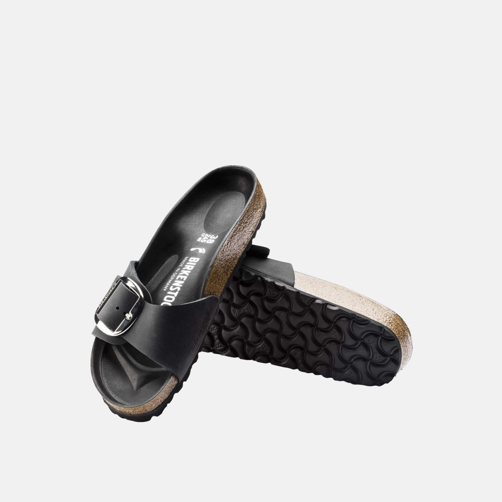 Black Birkenstock Madrid Big Buckle Oiled Leather Slides