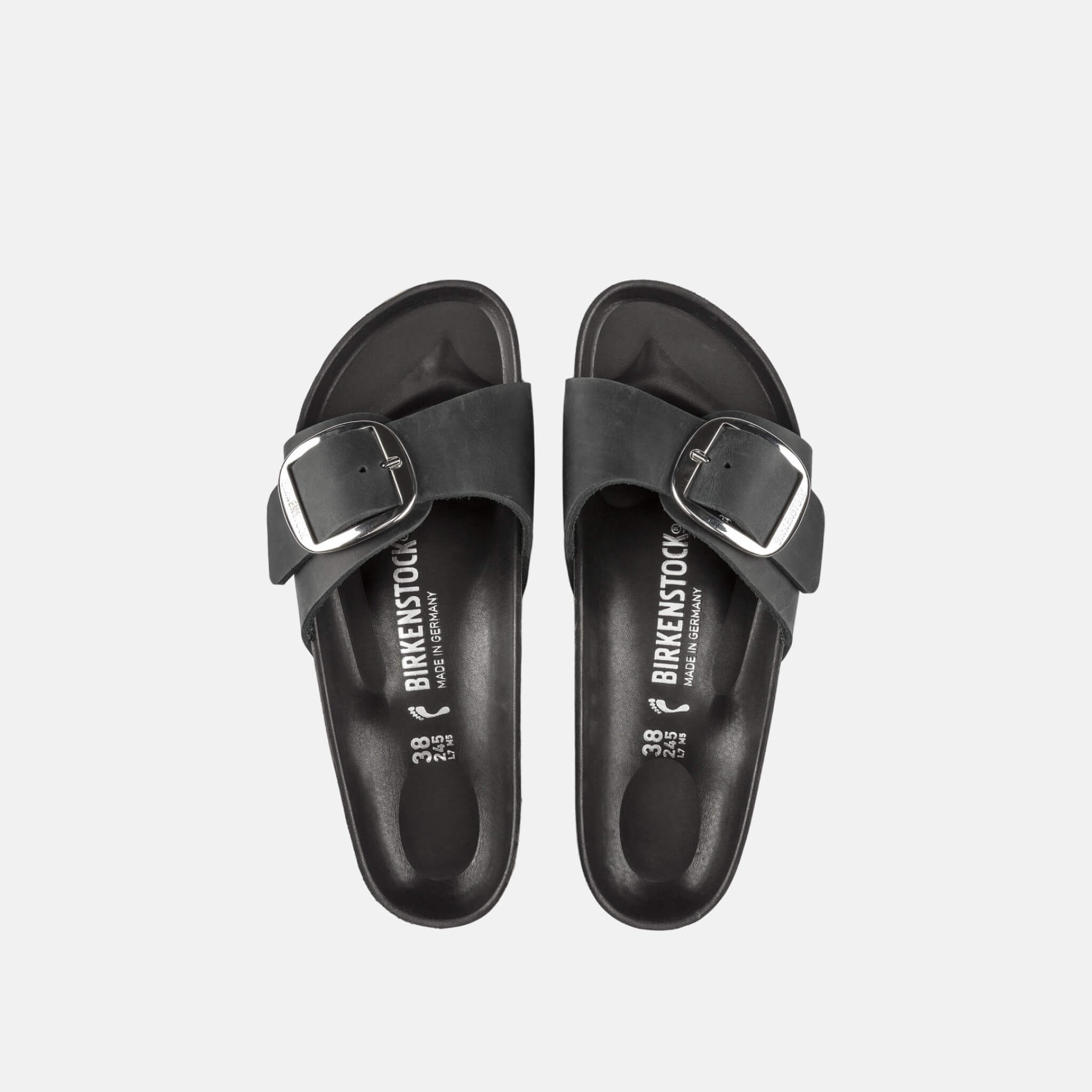 Black Birkenstock Madrid Big Buckle Oiled Leather Slides