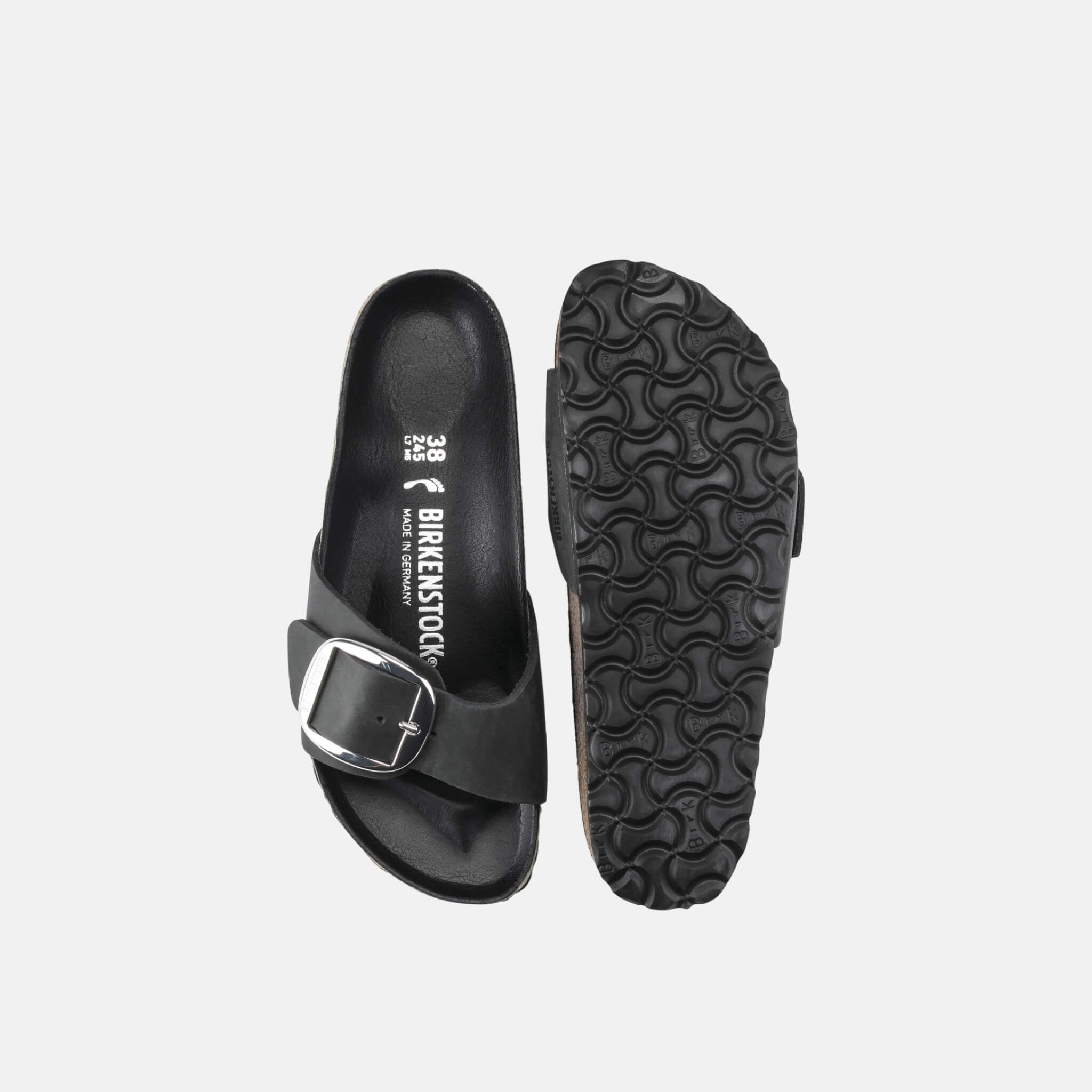 Black Birkenstock Madrid Big Buckle Oiled Leather Slides