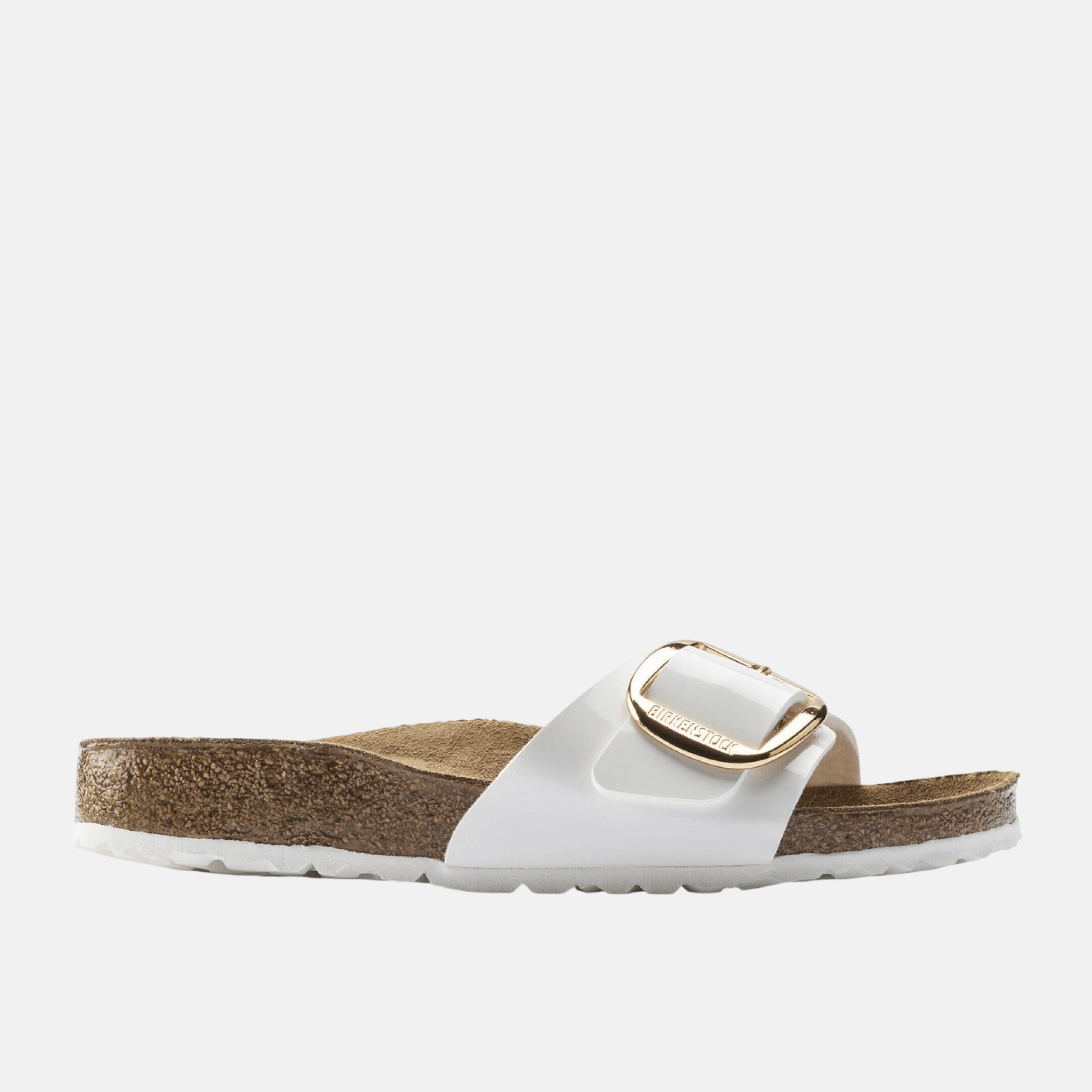 Biało-złote wąskie klapki Birkenstock Madrid Big Buckle Birko-Flor Patent