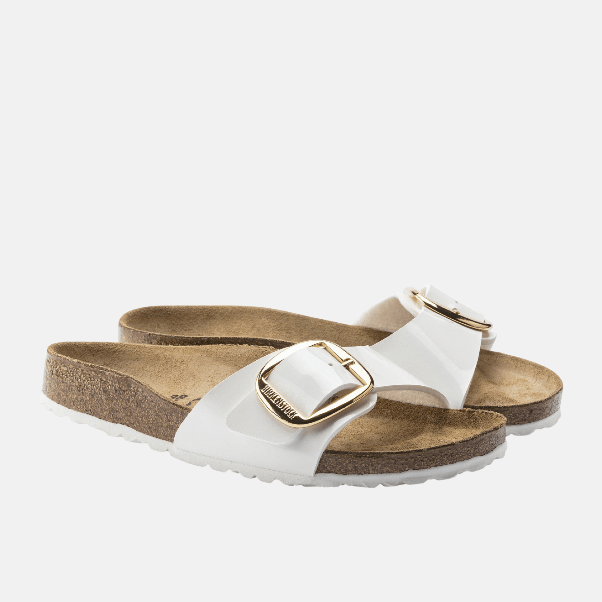 Biało-złote wąskie klapki Birkenstock Madrid Big Buckle Birko-Flor Patent