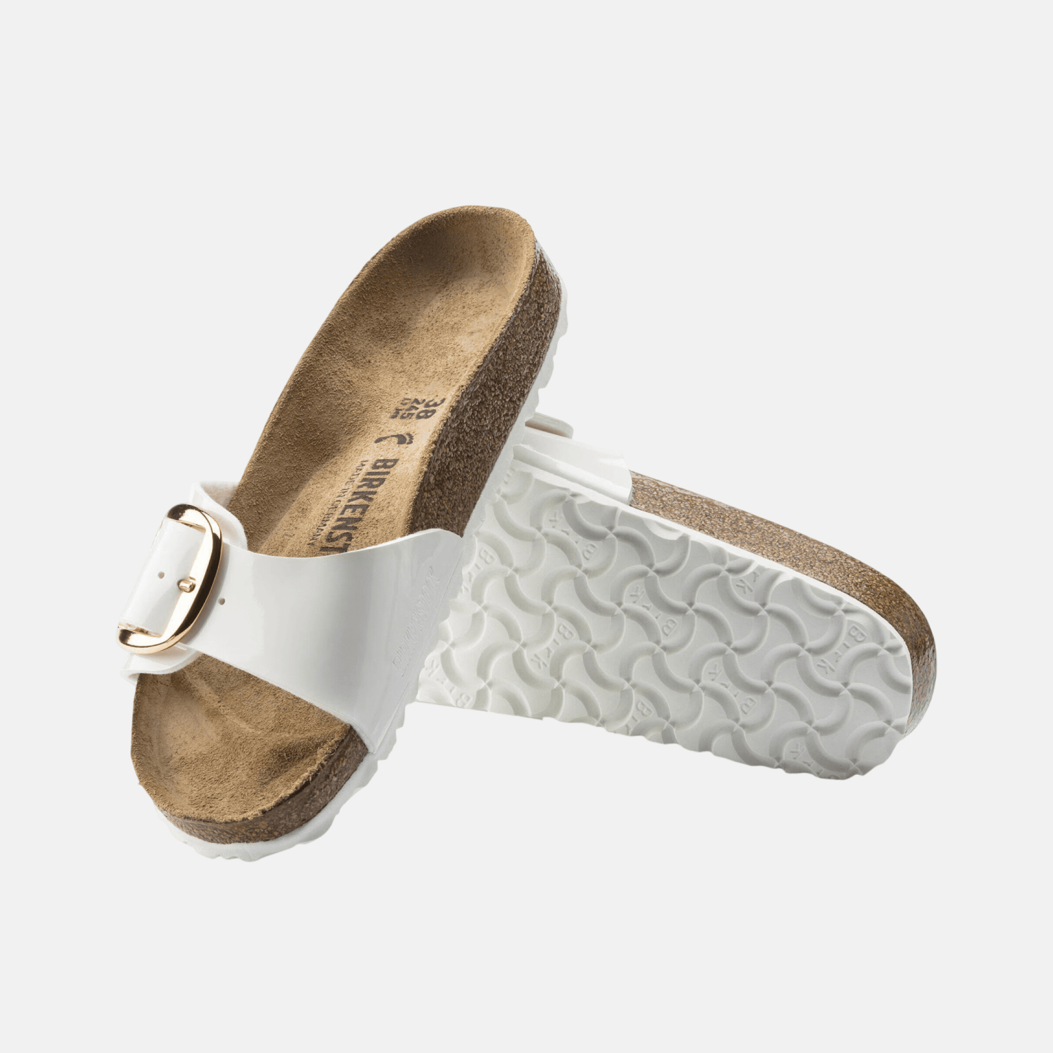 Biało-złote wąskie klapki Birkenstock Madrid Big Buckle Birko-Flor Patent