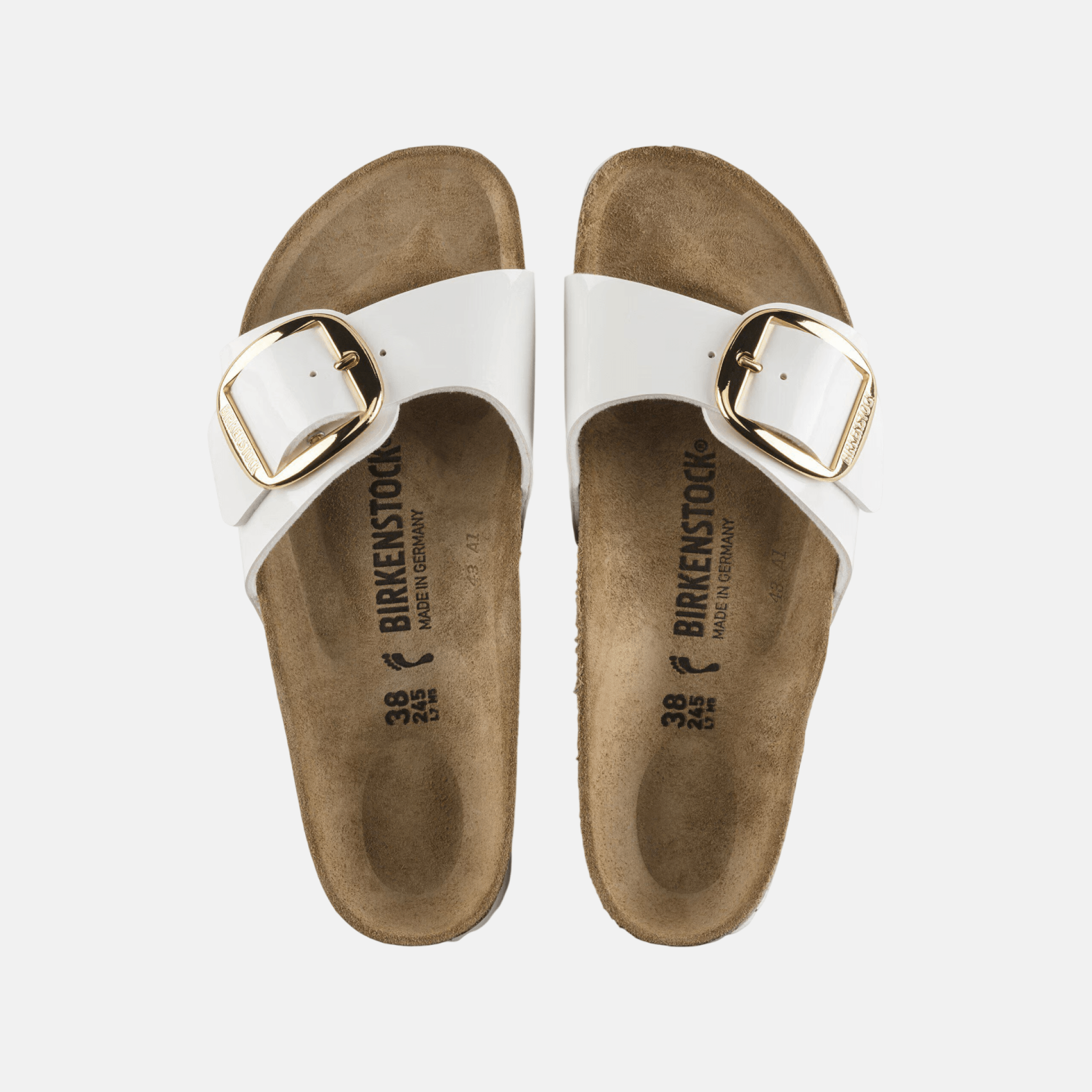 Biało-złote wąskie klapki Birkenstock Madrid Big Buckle Birko-Flor Patent