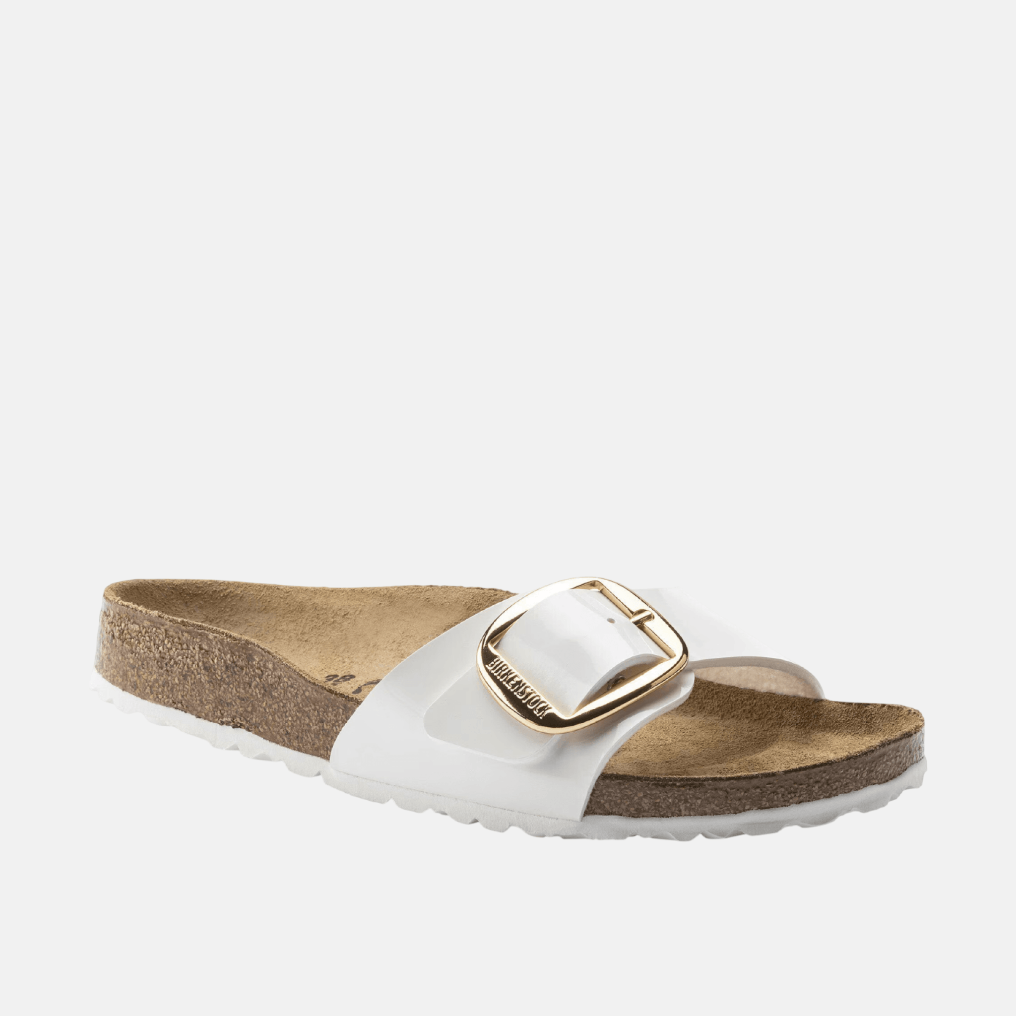 Biało-złote wąskie klapki Birkenstock Madrid Big Buckle Birko-Flor Patent