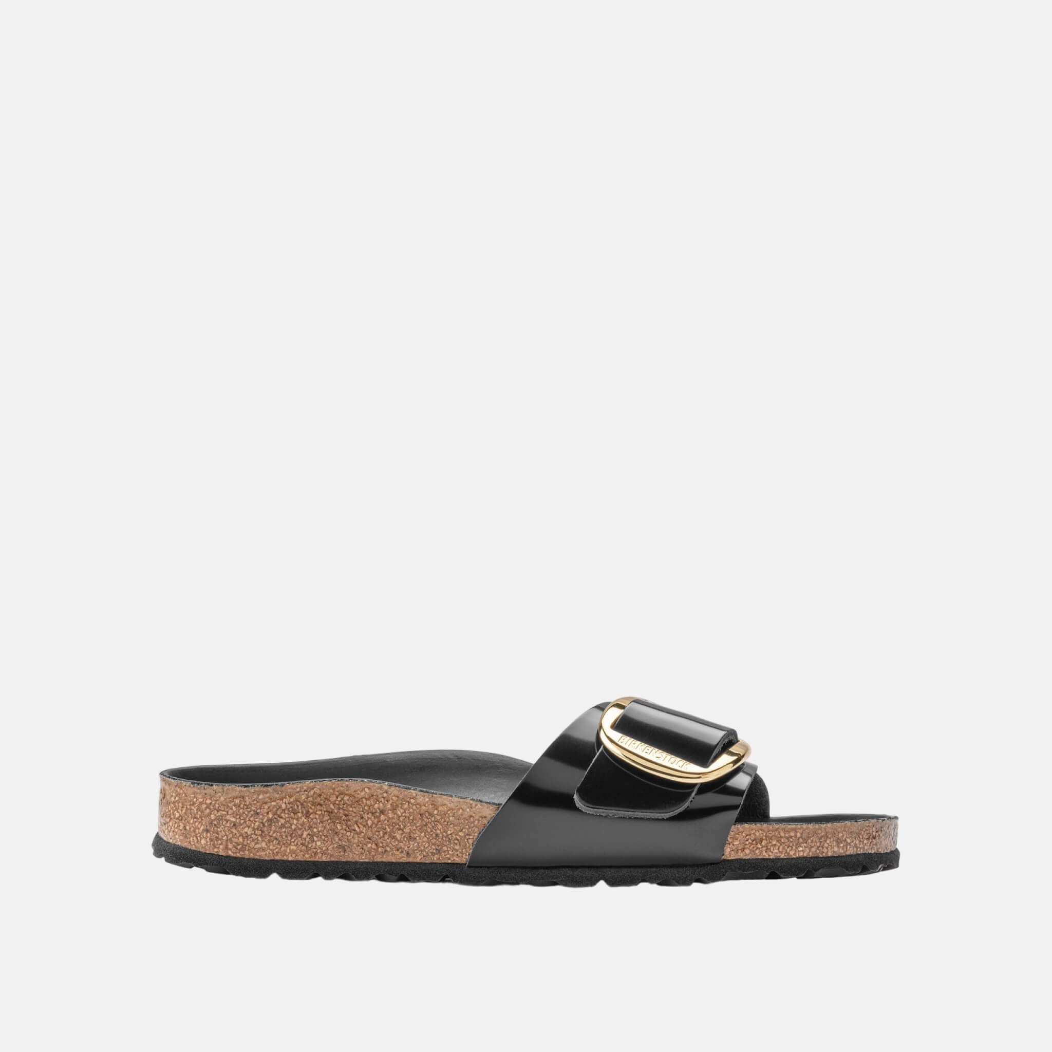 Czarne klapki Birkenstock Madrid Big Buckle High Shine Leather