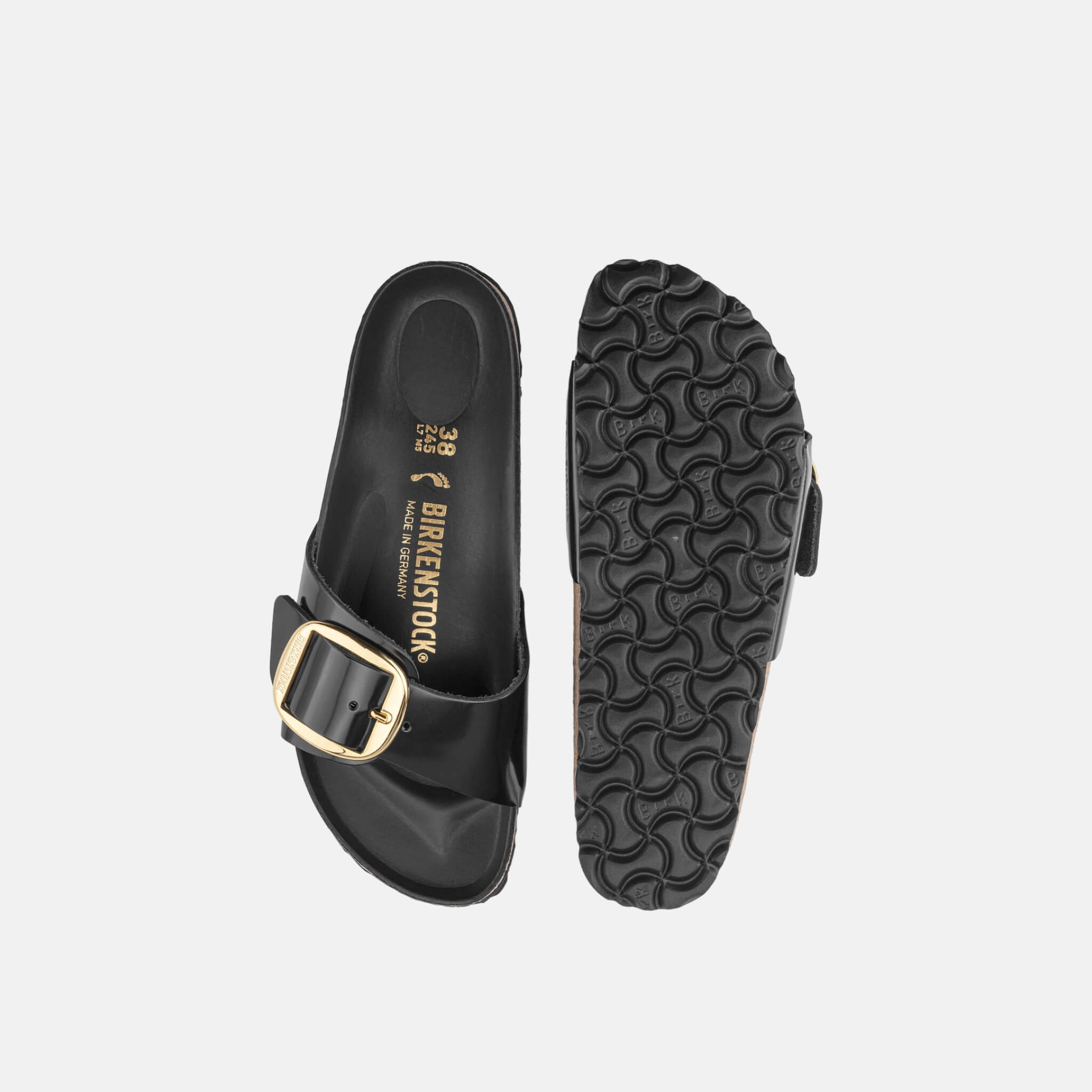 Czarne klapki Birkenstock Madrid Big Buckle High Shine Leather