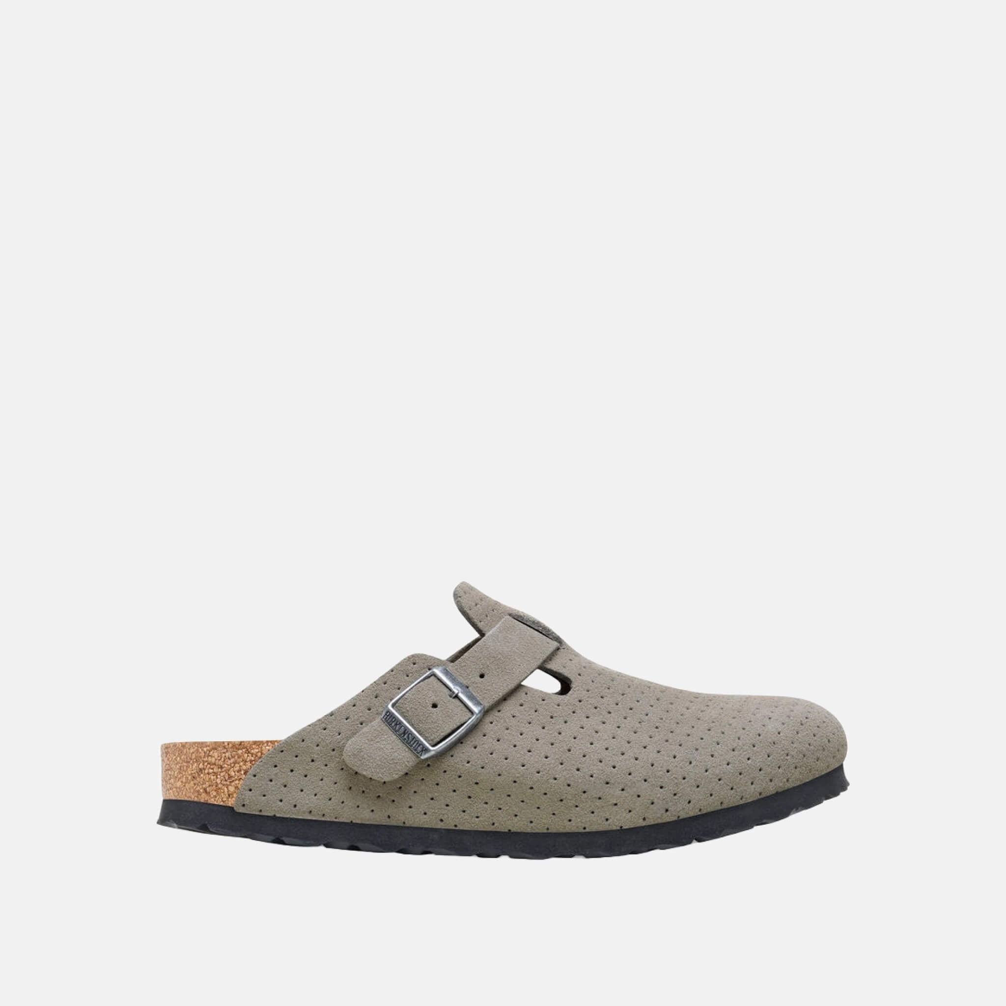 Gray Birkenstock Boston Suede Leather Embossed Slides