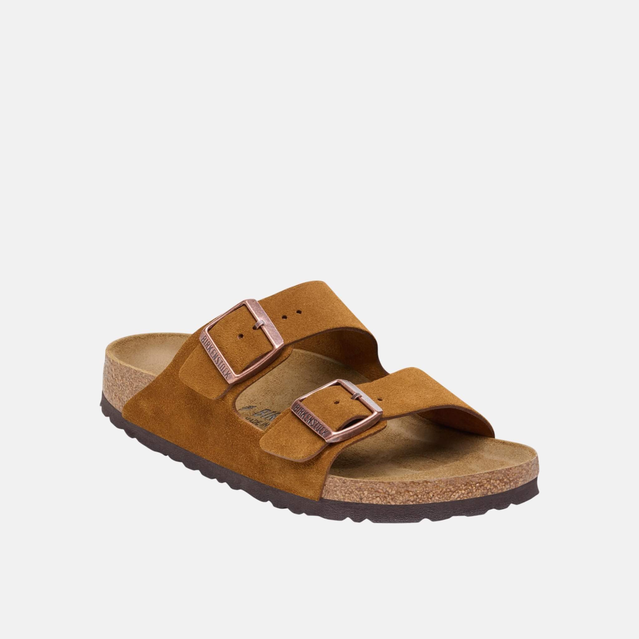 Brown Birkenstock Arizona Suede Leather Regular Slides