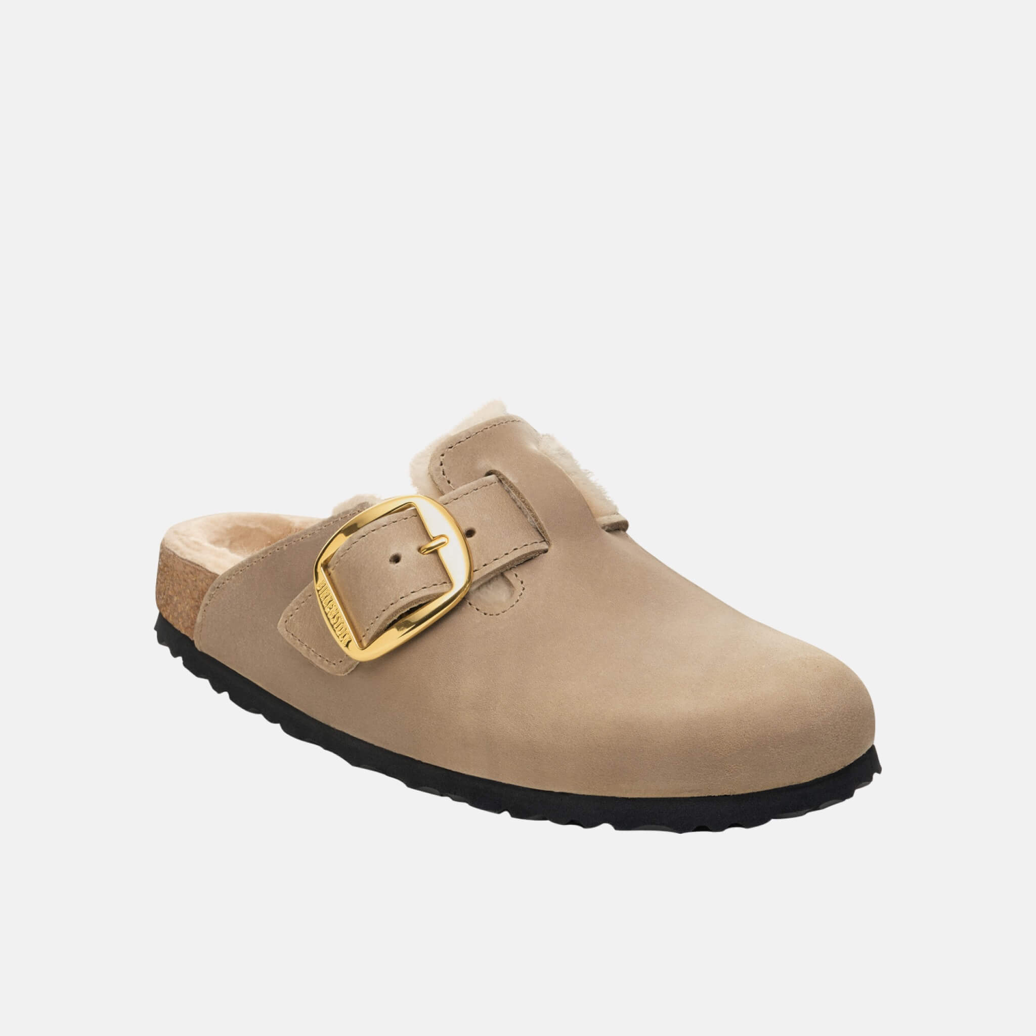 Brązowe wąskie kapcie Birkenstock Boston Big Buckle Shearling Natural Oiled Leather