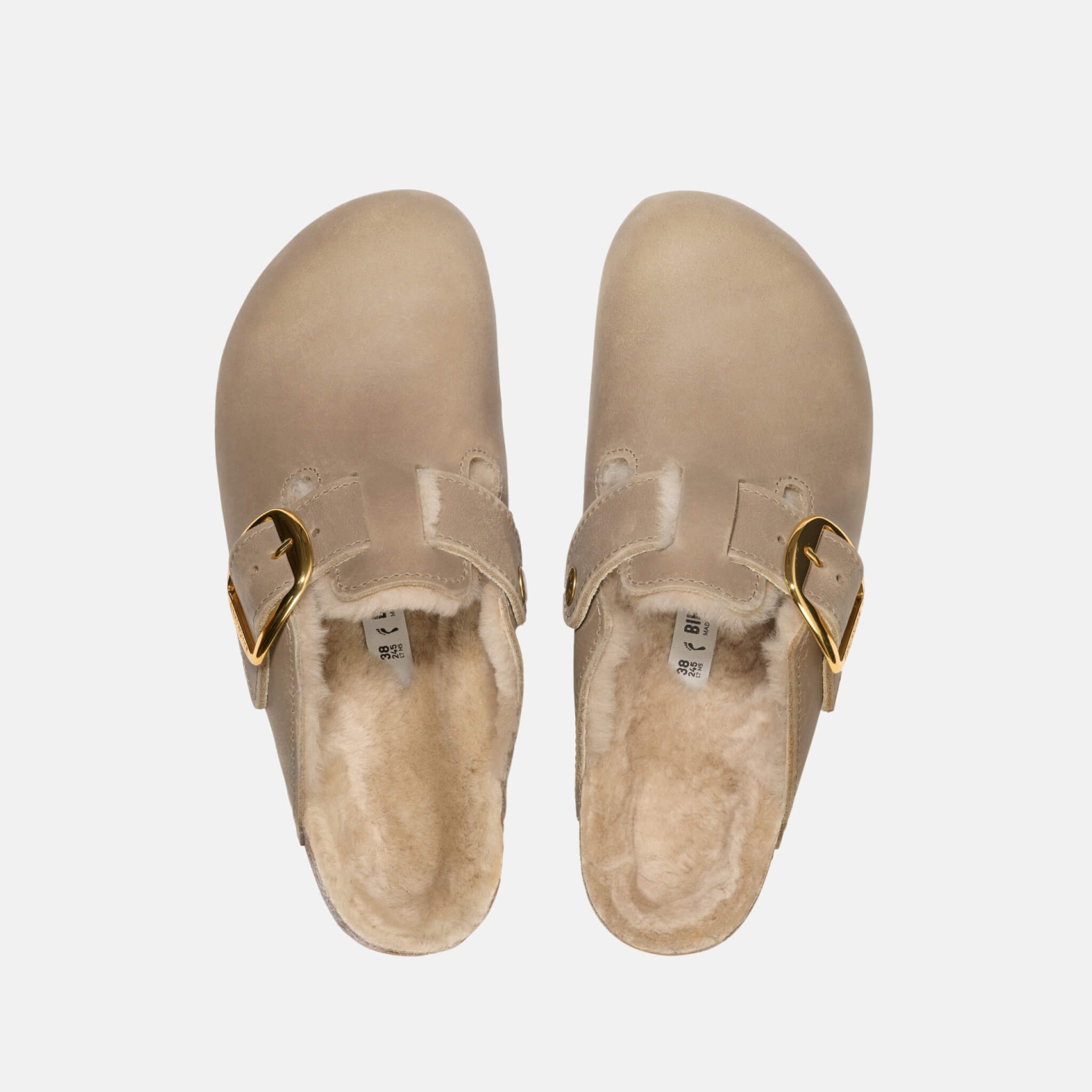Brązowe wąskie kapcie Birkenstock Boston Big Buckle Shearling Natural Oiled Leather