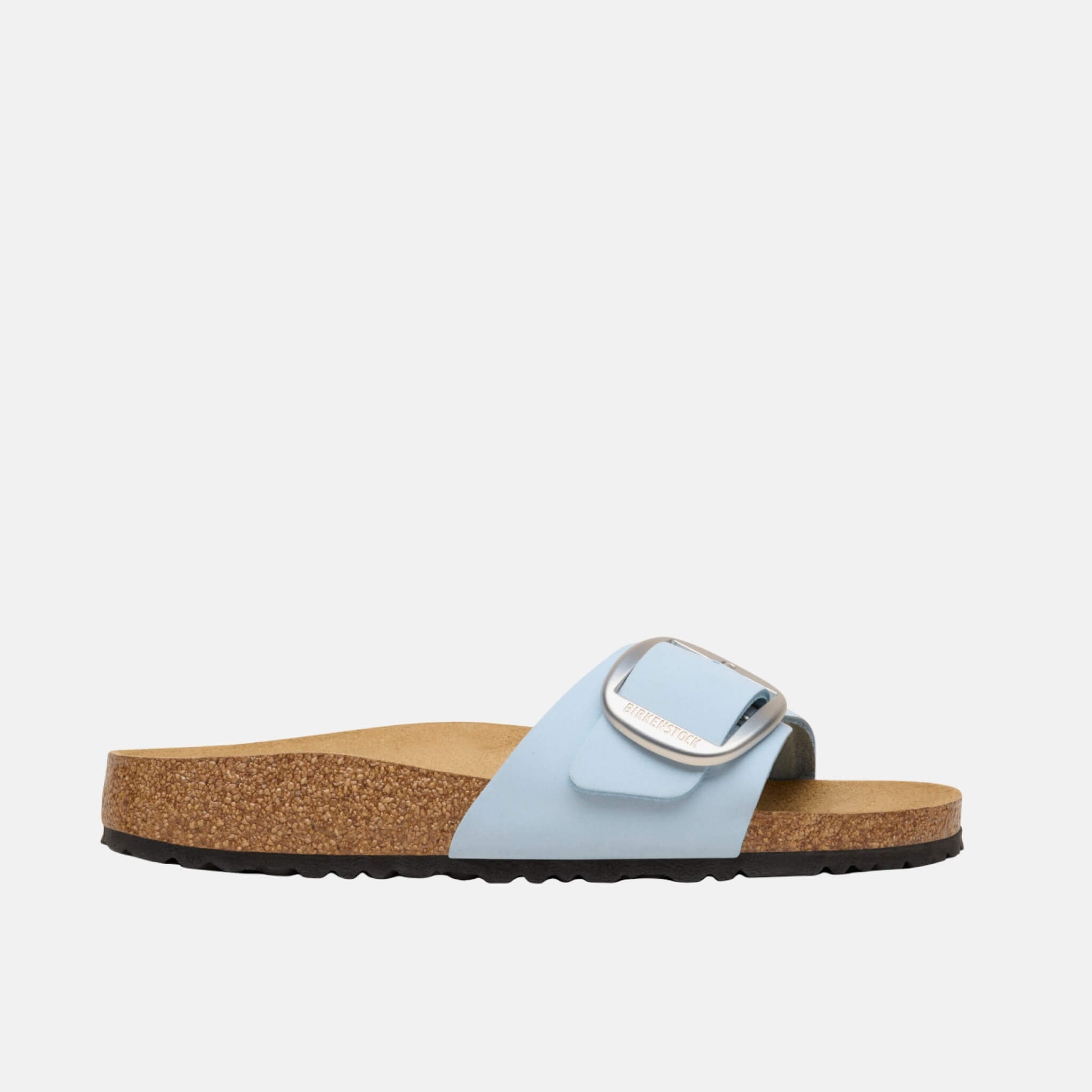 Birkenstock Madrid Big Buckle Nubuck Leather Blue and Silver Slides