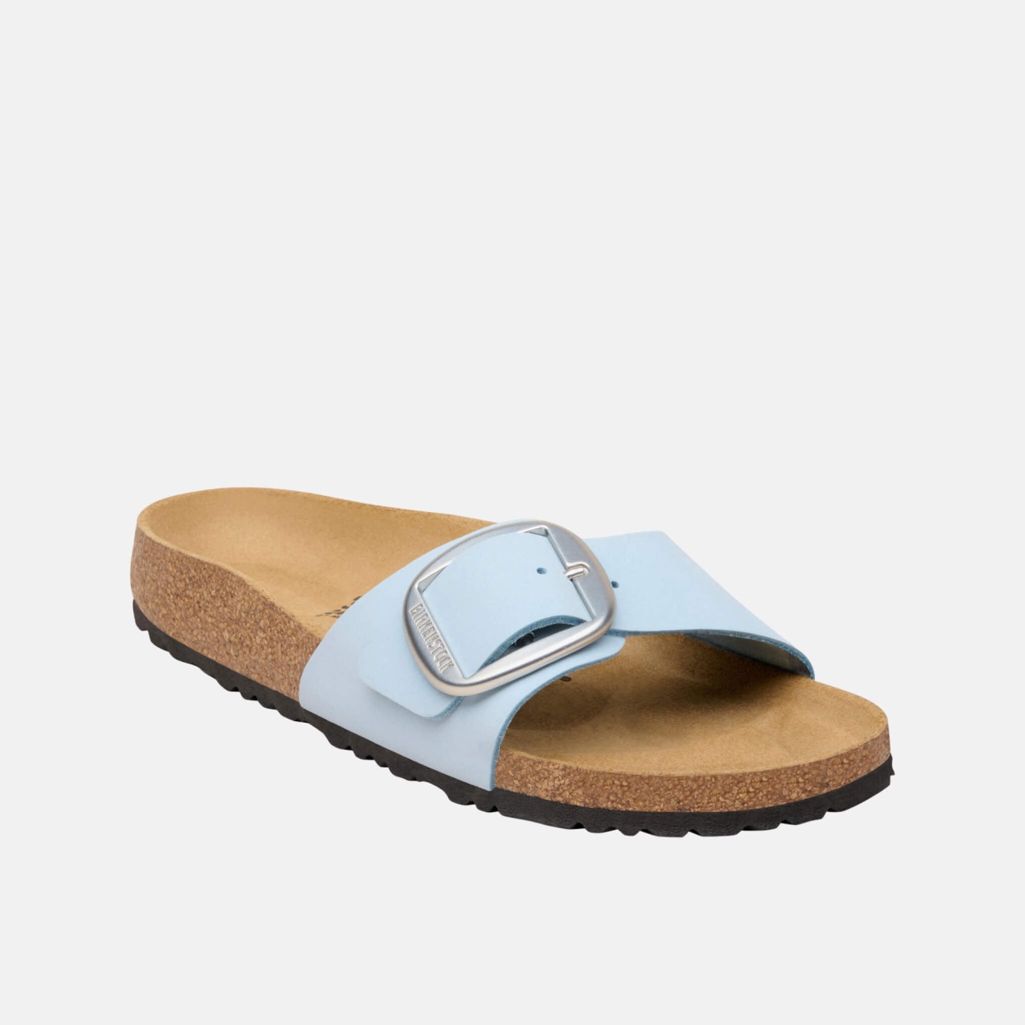Birkenstock Madrid Big Buckle Nubuck Leather Blue and Silver Slides