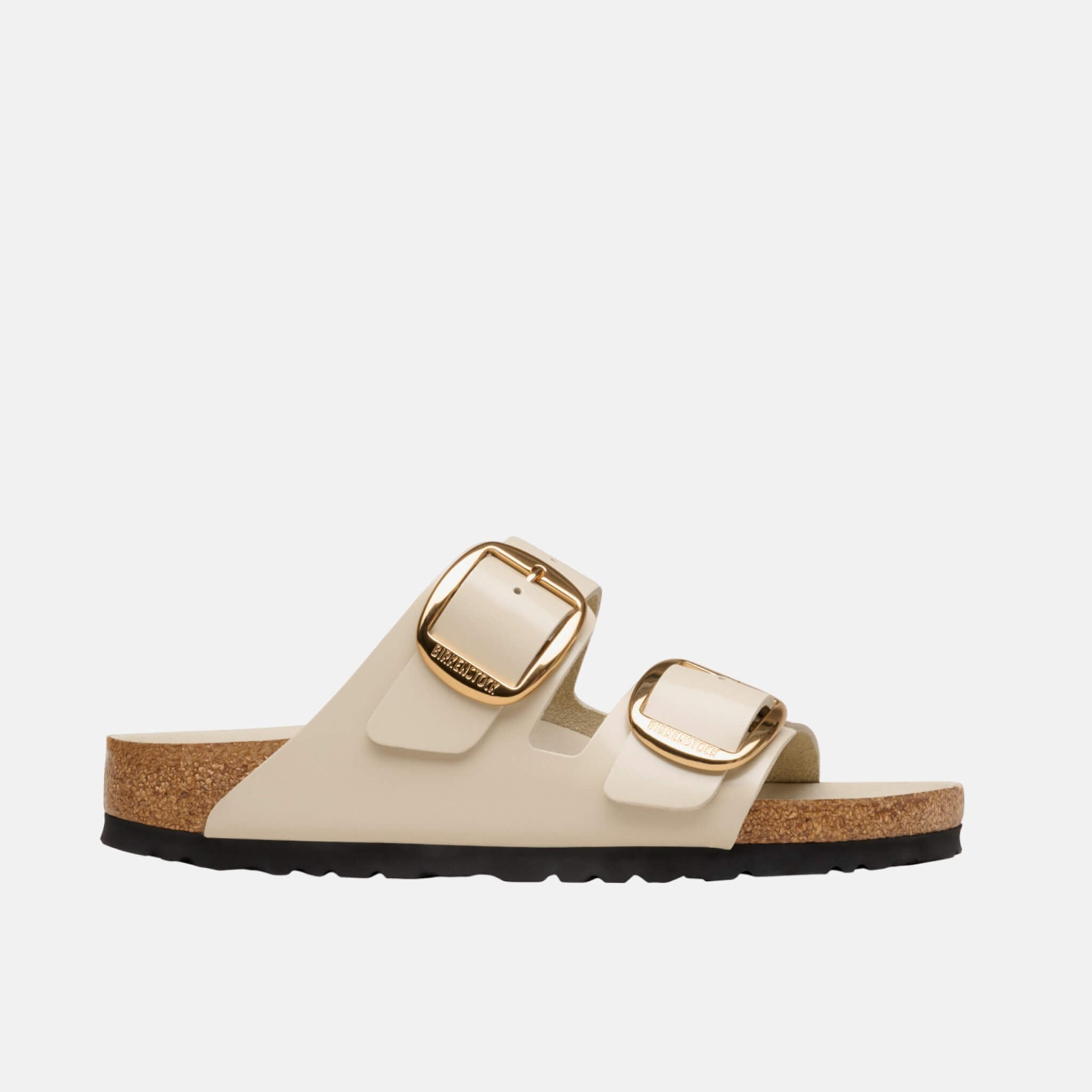 Biało-złote klapki Birkenstock Arizona Big Buckle Natural Leather Patent
