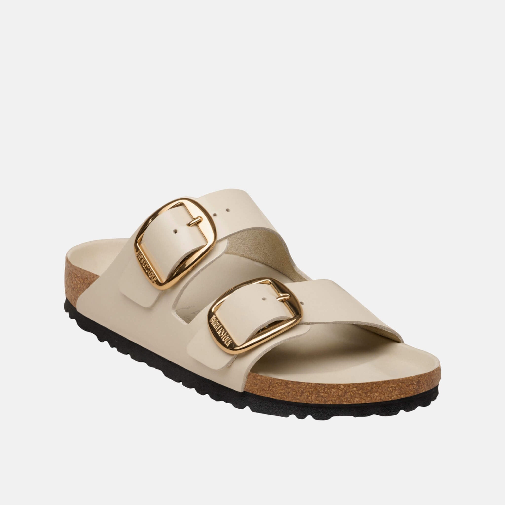 Biało-złote klapki Birkenstock Arizona Big Buckle Natural Leather Patent