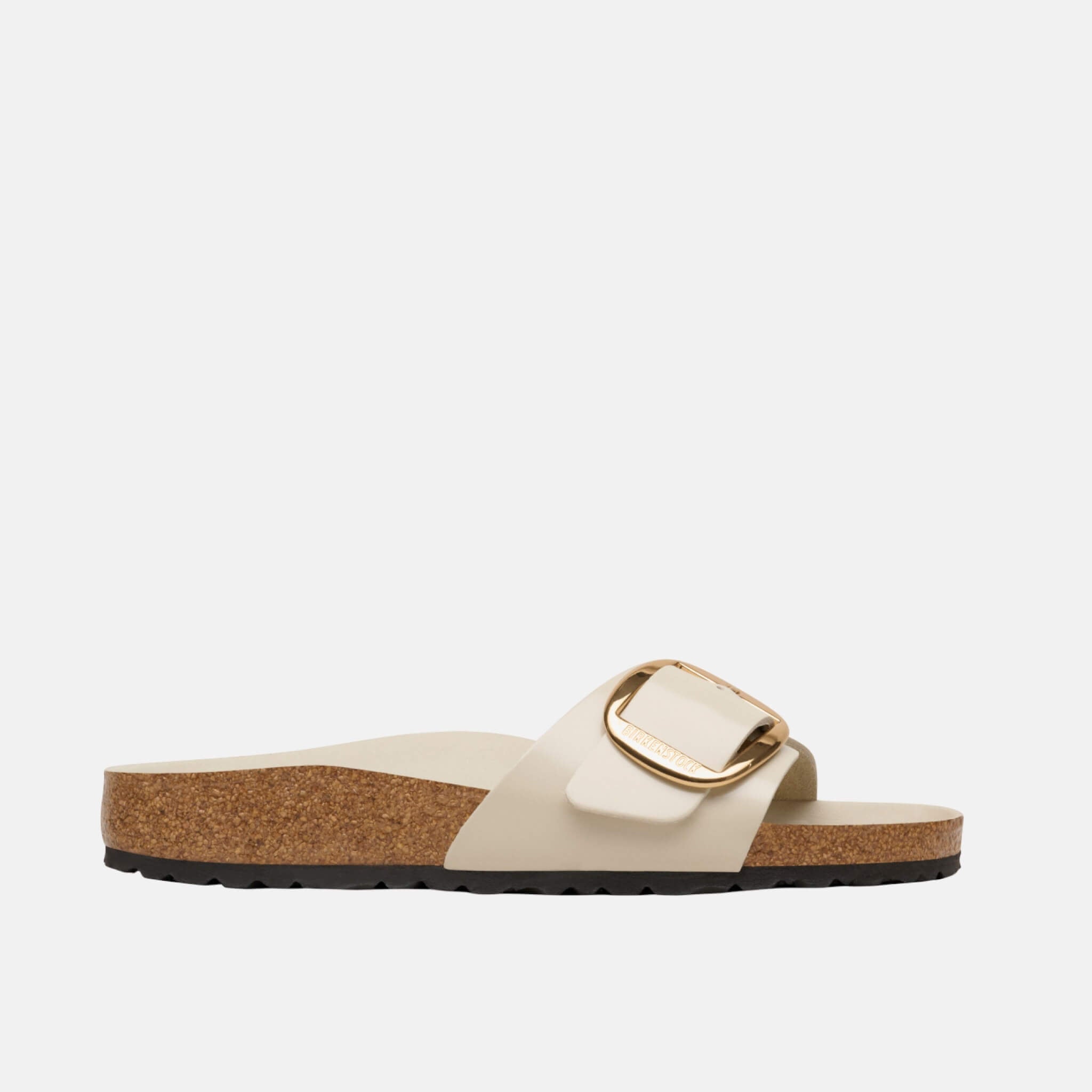Birkenstock Madrid Big Buckle Natural Leather Patent White Flip-Flops
