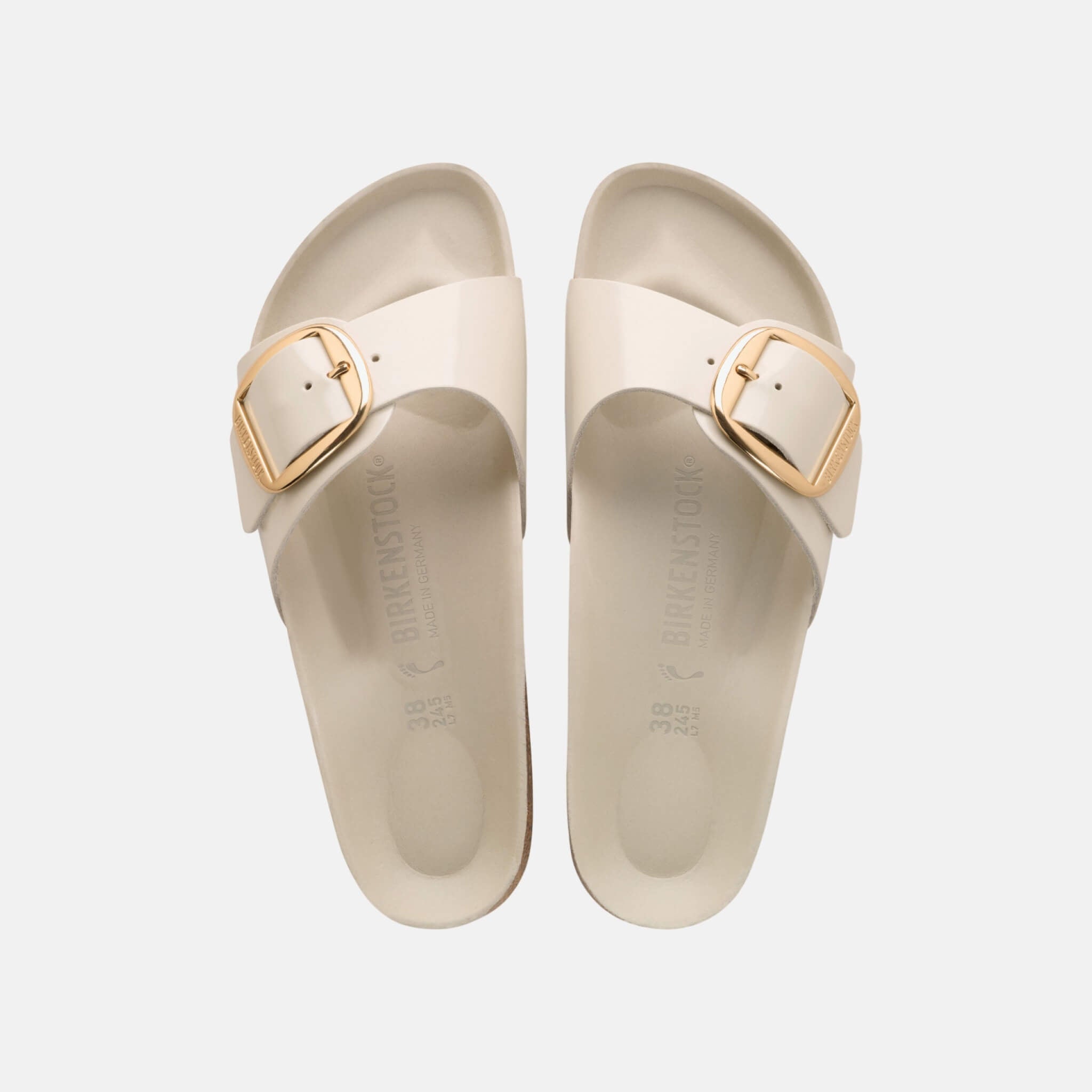 Birkenstock Madrid Big Buckle Natural Leather Patent White Flip-Flops