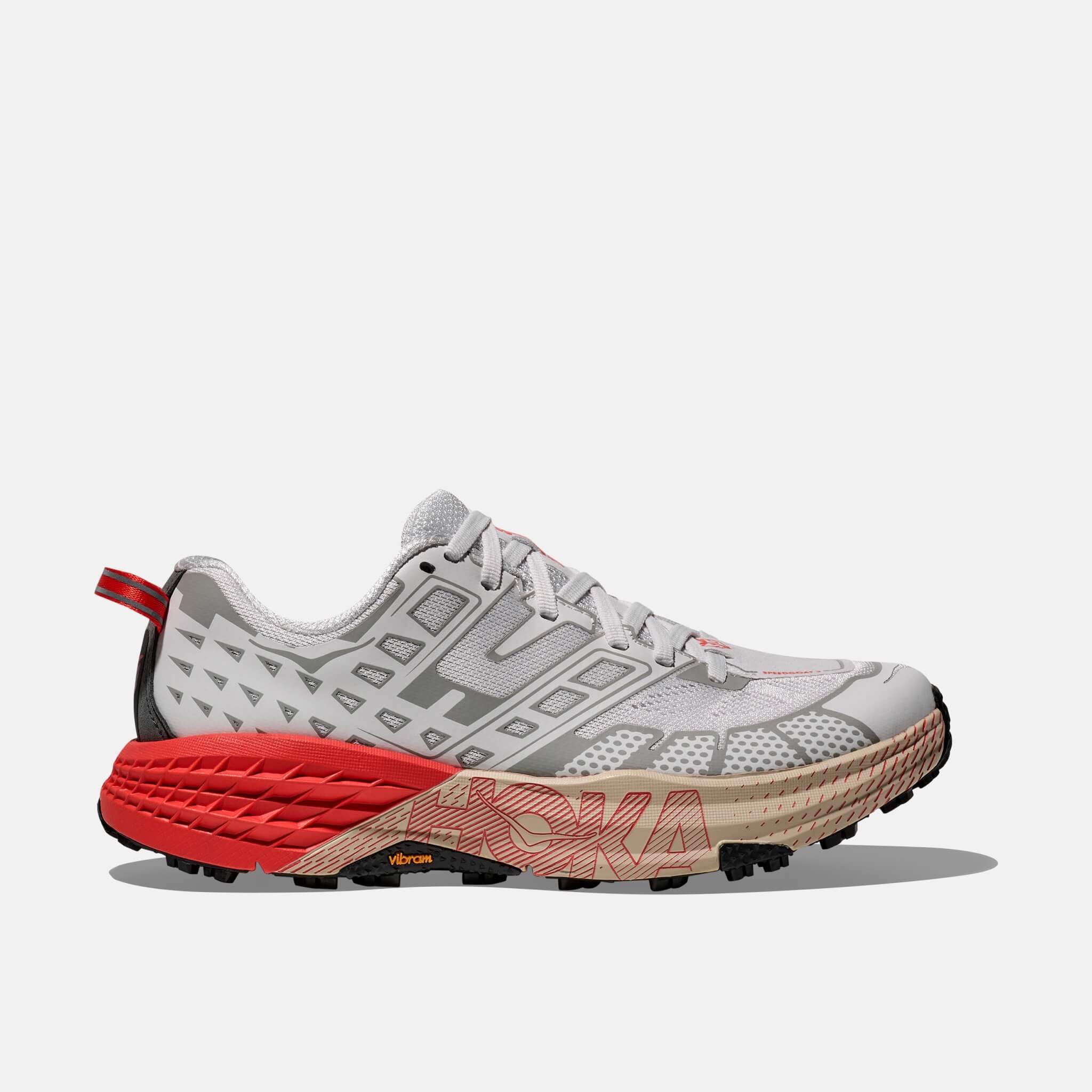 Unisex grey and red Hoka Speedgoat 2 sneakers