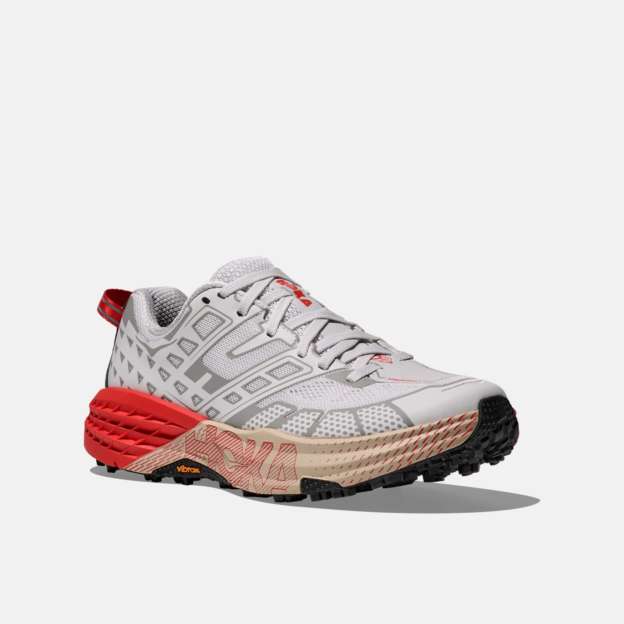 Unisex grey and red Hoka Speedgoat 2 sneakers