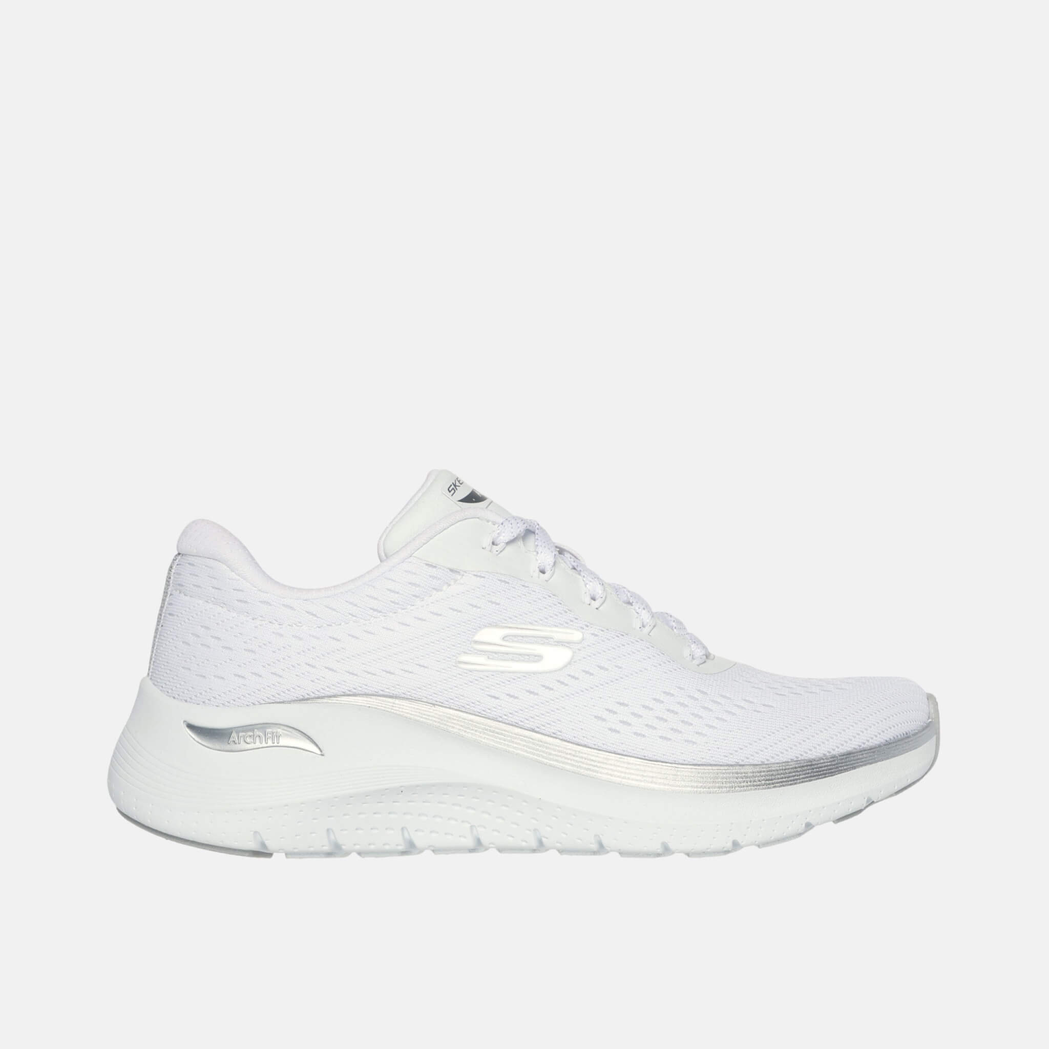 Damskie biało–srebrne sneakersy Skechers Arch Fit 2.0 – Glow The Distance