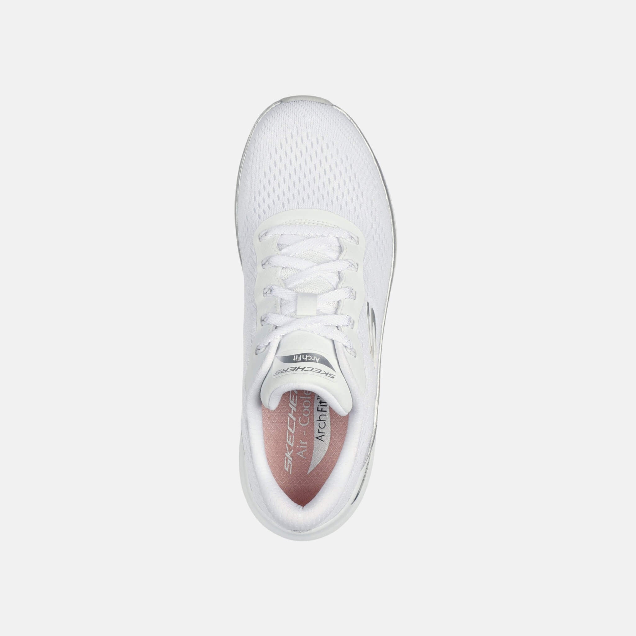 Damskie biało–srebrne sneakersy Skechers Arch Fit 2.0 – Glow The Distance
