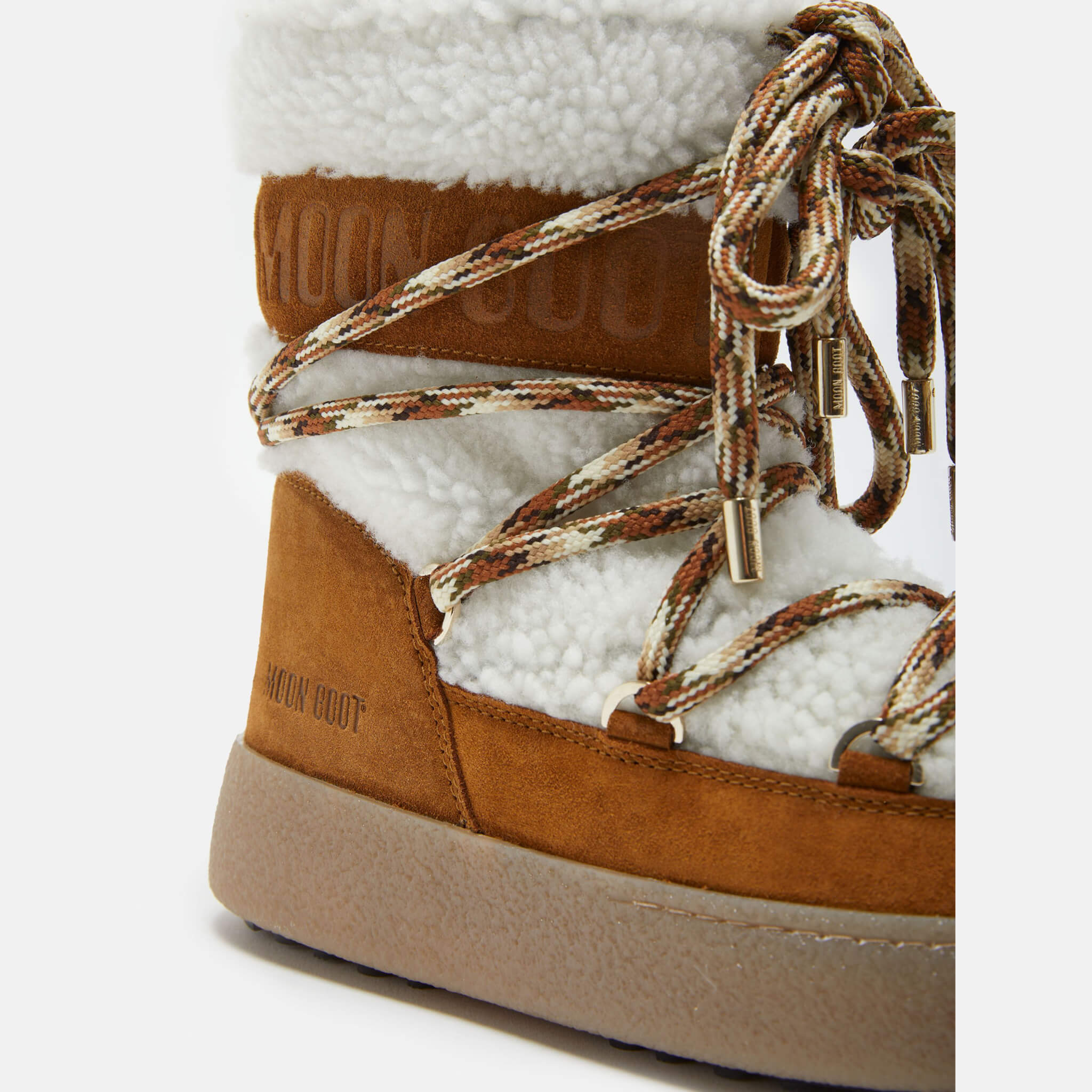 Damskie brązowo-białe śniegowce Moon Boot Ltrack Tube Shearling